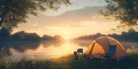 A makeshift campsite near a water source/creek/river in the morning/sunset, with some fishing gear near the campsite. Nature, travel, hiking, commercial poster, background, wallpaper, camping