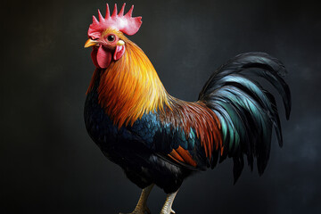 Fototapeta premium Vibrant rooster with colorful plumage stands proudly against a dark background, showcasing its striking feathers and regal posture.