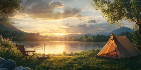 A makeshift campsite near a water source/creek/river in the morning/sunset, with some fishing gear near the campsite. Nature, travel, hiking, commercial poster, background, wallpaper, camping