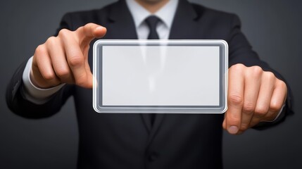 Professional businessman holds blank white card, a versatile template for your design or message