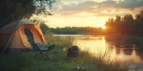 A makeshift campsite near a water source/creek/river in the morning/sunset, with some fishing gear near the campsite. Nature, travel, hiking, commercial poster, background, wallpaper, camping