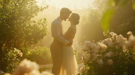 Blooming Love: Joyful Couple Dancing in Sunlit Garden Amidst Flowers - Celebrating Romance and Connection