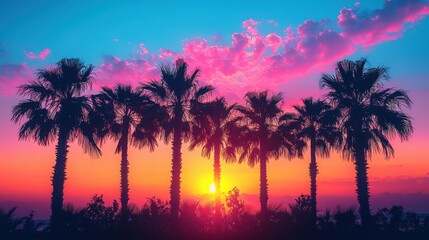 Fototapeta premium Beautiful sunset behind silhouettes of palm trees at a coastal location
