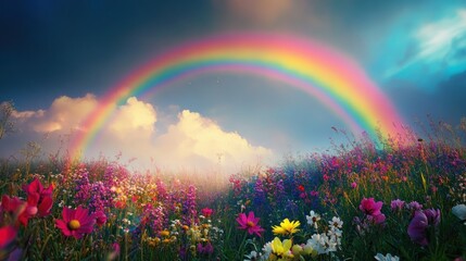 A vibrant rainbow arches over a field of wildflowers, bathed in soft, golden sunlight. The scene is idyllic and serene, evoking feelings of hope and joy.