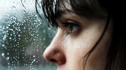 Contemplative Woman Gazing at Rainy Street - Capturing Vulnerability, Longing, and Introspection in Soft Light