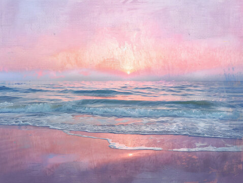 An artistic painting depicting a serene beach scene at sunset, with soft waves reflecting pink hues in the water, embodying tranquility and beauty for landscapes.