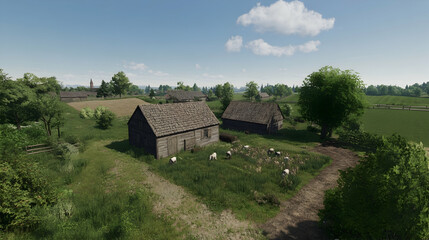 Obraz premium Two rustic wooden houses with thatched roofs and a small garden with sheep in a rural village setting.