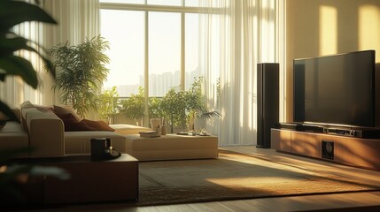Fototapeta premium Modern living room interior with large windows, a TV, and a sofa, with sunlight streaming in.