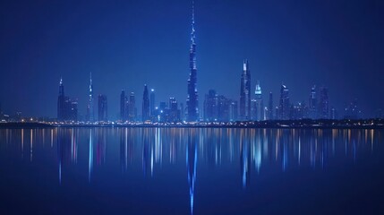 Naklejka premium A stunning cityscape skyline at night with tall buildings and reflections in the water.