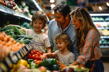 Obraz premium A happy family of four, including two young children, joyfully selecting fresh vegetables at a well-stocked grocery store