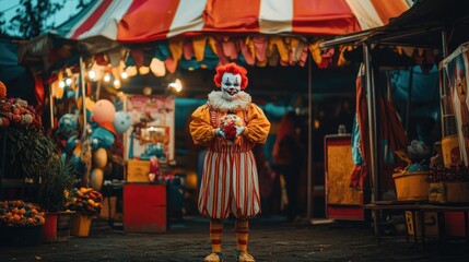 Obraz premium A clown in a red and yellow striped costume stands in front of a brightly colored carnival tent, holding a ball.