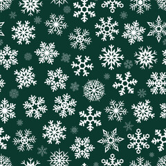 Snowflakes, white snowflakes, dark green background, seamless pattern