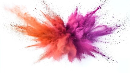 A vibrant explosion of orange and purple powder against a white background.