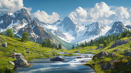 A scenic landscape showcasing majestic snow-capped mountains surrounded by lush green fields and a flowing river under a blue sky for landscapes.