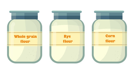 Whole wheat flour, rye flour, corn flour, can of flour, bakery, bread, loaf, rolls, vector illustration