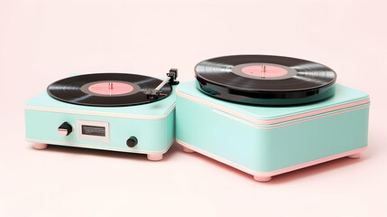 Fototapeta premium Two vintage style turquoise record players with pink accents on a pink background.