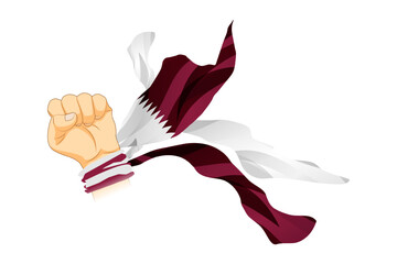 Obraz premium Vector illustration of Qatar flag wrapped on fist hand on transparent background