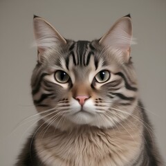 A cat sits calmly against a soft gray background, showcasing its serene demeanor and elegant posture generative ai