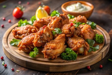 Fototapeta premium Deliciously crispy fried chicken wings arranged artfully, perfect for food photography and culinary presentations