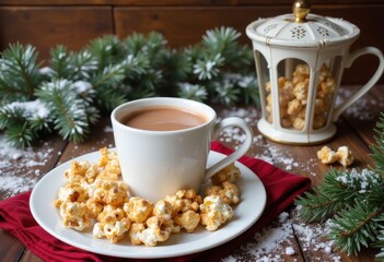 Fototapeta premium A delightful setting with a cup of hot cocoa accompanied by a generous serving of popcorn, accented with festive decorations and pine branches