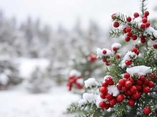 Snow covered pine trees and red berries against a soft white background, christmas, tranquil
