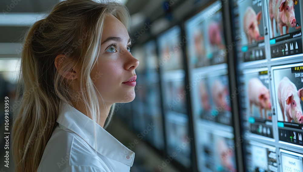 Aufkleber a veterinarian looking at a monitor monitoring the health of animals with multiple monitors, such as