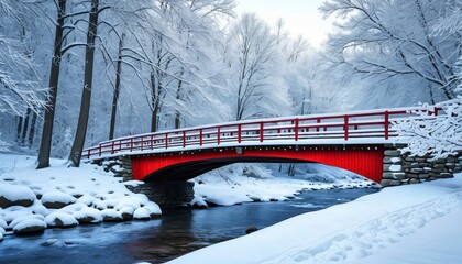 Serene winter landscape: red bridge amid snow-covered trees and stream