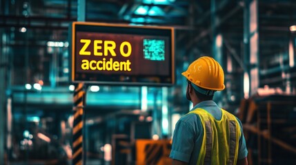A construction worker in safety gear looks at a digital sign displaying "ZERO accident" inside an industrial facility promoting workplace safety.