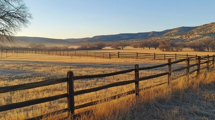 Obraz premium Serene Landscape with Fenced Field at Dawn