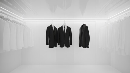 Black and white fashion pieces on black hangers in luxury store stylish clothing rack display,modern fashion blog aesthetic,Business fashion,social media,shopping mall,sale online,Fashion blog.