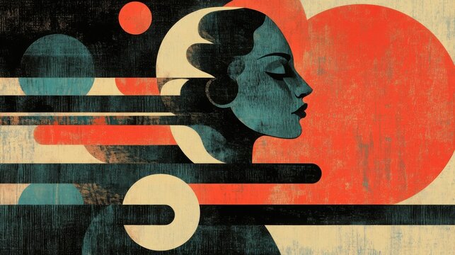 Abstract portrait woman geometric shapes vibrant colors.