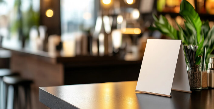 A blank menu table tent display awaits customers at a trendy cafe, surrounded by soft lighting and a welcoming atmosphere.