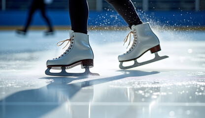 Close-up of figure skater's white skates gliding on ice with scattered ice shavings in rink 