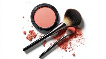 Cheek blush and Makeup brushes on studio background,colorful texture and pink powder explosion on the background,cosmetic banner concept,pouch,eyeshadow palette, and powder compacts.