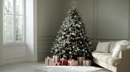 This image showcases a beautifully decorated Christmas tree, adorned in sparkling ornaments and ribbons, surrounded by thoughtfully arranged gifts. Th