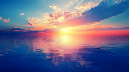 Obraz premium Vibrant sunset over a calm ocean with a colorful sky and clouds reflecting in the water.