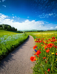 Una carretera asfaltada atravesando un paisaje pradera durante la primavera con coloridas flores