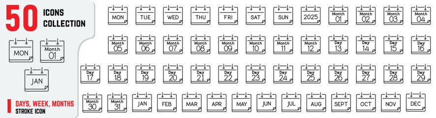 Days, Months, and Calendar Icons – Editable Line Set, Calendar icons with 1 to 31 days. Monday, Tuesday, Wednesday, Thursday, Friday, Saturday, Sunday. January to December Vector illustration.