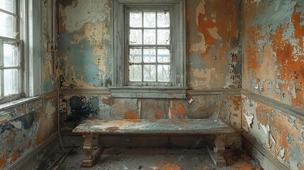 A Glimpse into Time: Abandoned Room with Peeling Paint and Worn Wooden Bench