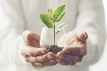 A person is holding a small plant in a glass container