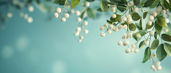 White Berries Dangle From Lush Green Branches Against A Sky