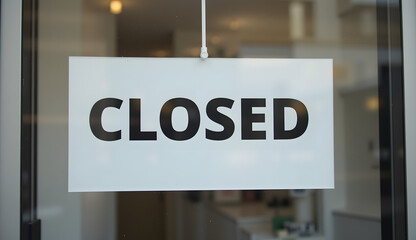 Bold "CLOSED" sign hanging in window with clear visibility of interior in modern establishment

