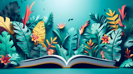 A tropical forest jungle appearing in a opening book