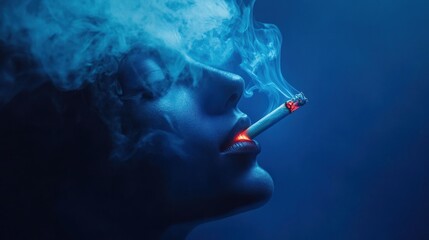 Obraz premium A close-up of a person exhaling smoke while holding a lit cigarette, surrounded by blue tones.