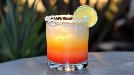 A colorful margarita with a salted rim and lime wedge, placed on a sunlit outdoor patio