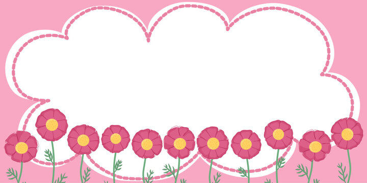 Spring cute pink flowers seamless frame, greeting card with season elements, flat vector isolated on white background.
