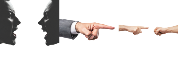 Two people in an intense forceful confrontation engaging in a heated debate disagreement or argument with fierce expressions and body language