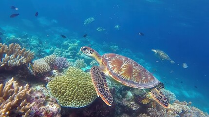 Obraz premium A coral reef teeming with life, where sea turtles swim gracefully among vibrant corals and schools of fish