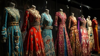 Fototapeta premium Row of Ornate Dresses on Mannequins in a Museum Exhibit