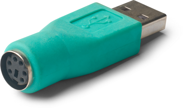 closeup of ps2 to usb converter isolated white background, green color small adapter use to connect older keyboards and mouse to modern usb ports
